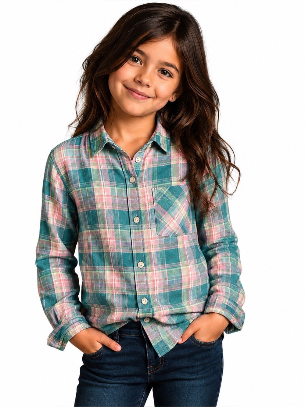 ERGE Girls Plaid Button Front Shirt Pastel Pink Green Blue Long Sleeve Size 5